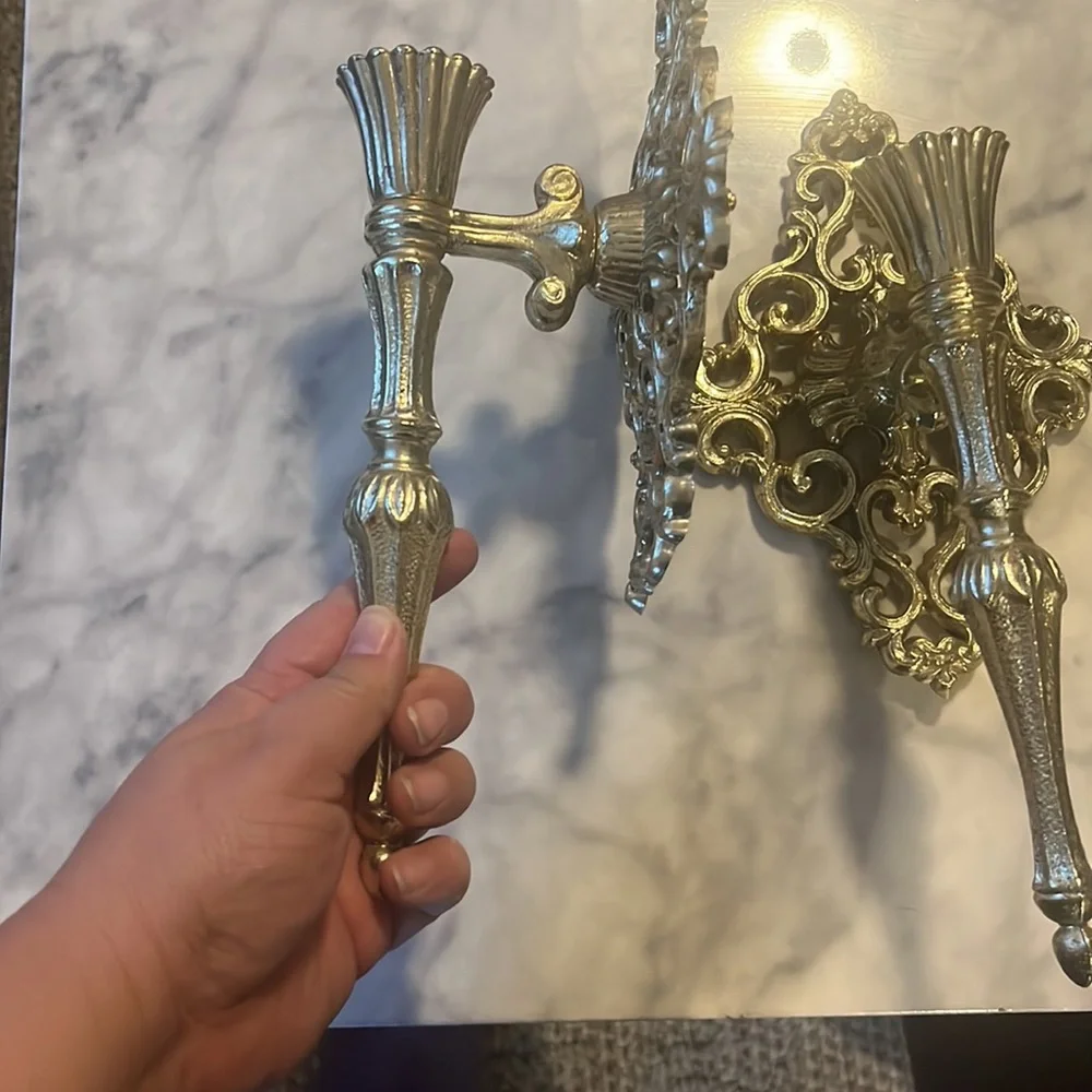Vintage Gold Tone Ornate metal Hollywood Regency wall Hanging pair candlestick